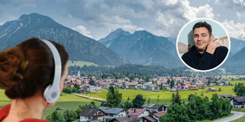 Collage mit verschneitem Oberstdorf, Frau mit Kopfhörer und Bild von Paul Sedlmeir